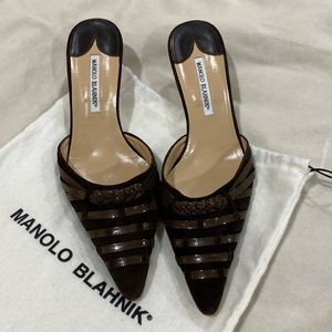 Manolo Blahnik kitten heal mules in brown suede